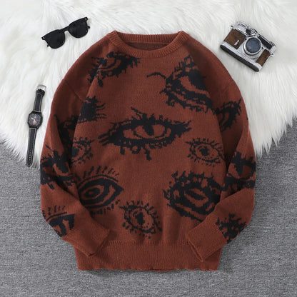 New Trendy Autumn and Winter Abstract Eye Jacquard Pattern Pullover Sweater Casual Round Neck Knitted Men's Pullover