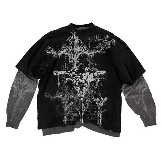 2000s American Skull Pattern Long sleeved T shirt Fashion Round Neck Oversized T shirt New Mens Casual Gothic Clothing Tops
