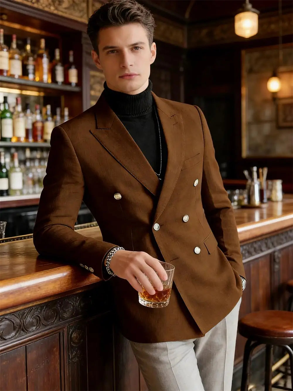 Men's Linen Blazer Double Breasted Slim Fit Breathable Suit Jacket Business Casual Gentlemen Coat Formal Wedding Party Dress