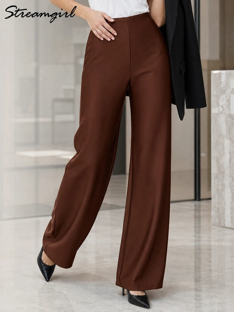 Streamgirl Summer Satin Pants For Women Wide Leg Beige Silk Trousers Long Straight Leg Luxury Pants For Summer Women Elegant