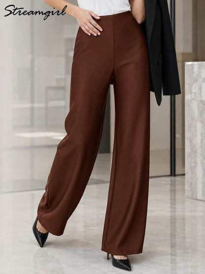 Streamgirl Summer Satin Pants For Women Wide Leg Beige Silk Trousers Long Straight Leg Luxury Pants For Summer Women Elegant