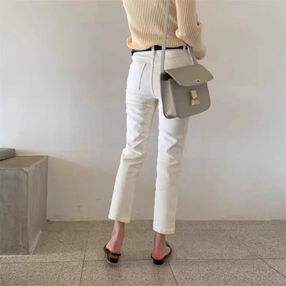 High Waist Straight Leg Jeans Women's ort Stature 50cm Slim Elastic Nine-Tenths e Tube Pants Spring Summer Apricot