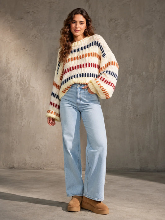 Vibrant Color Block Stripe Chunky Knit Sweater for Women, Oversized Crew Neck Long Balloon Sleeve Loose Pullover Jumper,