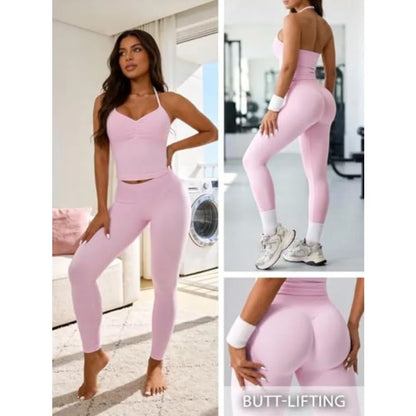 2 Pcs Ribbed Seamless Workout Sets for Women No Front Seam High Waisted Yoga Leggings and Adjustable Halter Bra Work Out Set