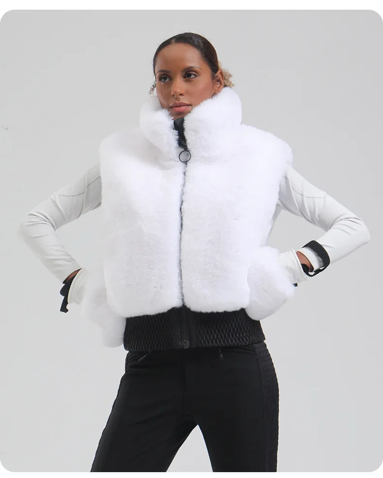 GSOU SNOW Women Fuzzy Faux Fur Vest Coat Ski Jacket Sleeveless Zip Shaggy Waistcoat Winter Daily Warm Outdoor Sport