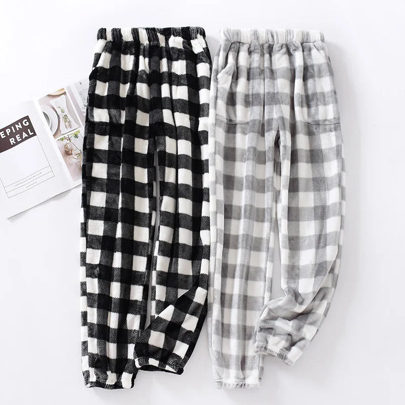 Autumn and Winter Super Warm Thickening Flannel Men's Plaid Pants Black Grey Colors Matching Men Pajamas Trousers
