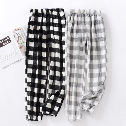 Autumn and Winter Super Warm Thickening Flannel Men's Plaid Pants Black Grey Colors Matching Men Pajamas Trousers