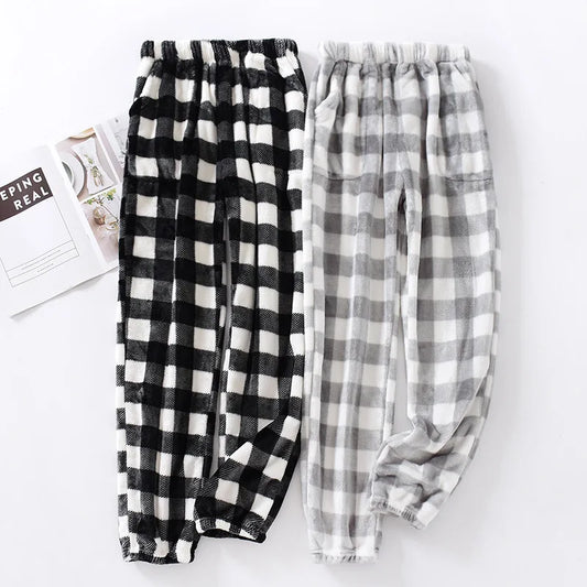 Autumn and Winter Super Warm Thickening Flannel Men's Plaid Pants Black Grey Colors Matching Men Pajamas Trousers