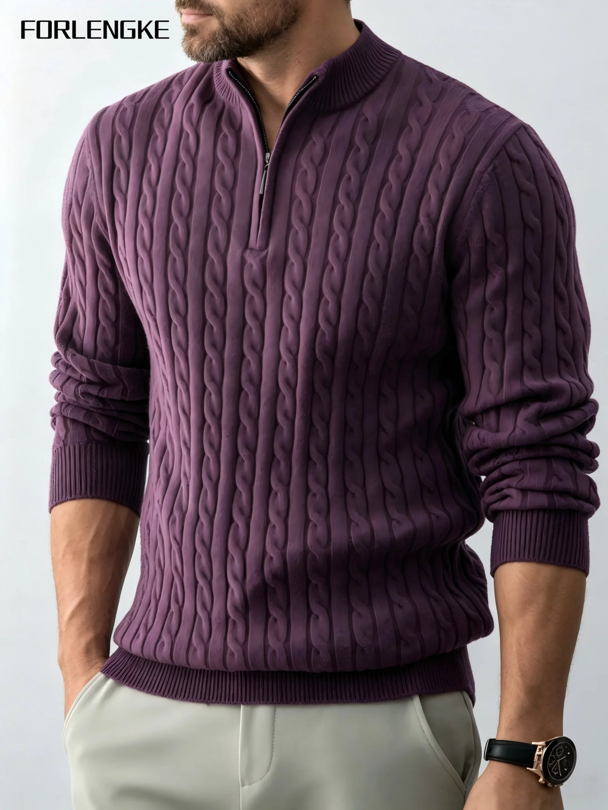 FORLENGKE Men's Business Casual Half Zip Mock Neck Cable Knit Sweater, Soft Warm Acrylic Long Sleeve Pullover for Fall Winter Of