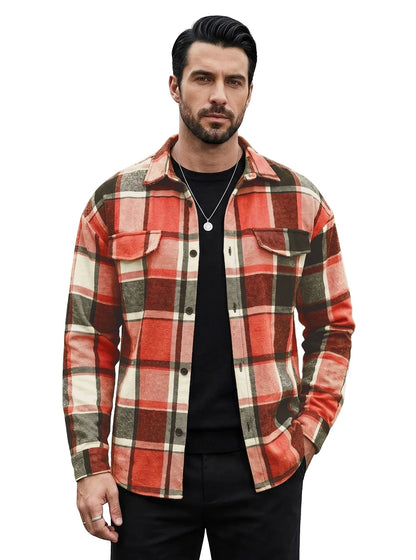 Men's Plaid Flannel Shirt Long Sleeve Button Down Casual Shacket with Flap Pockets Autumn Winter Streetwear Top