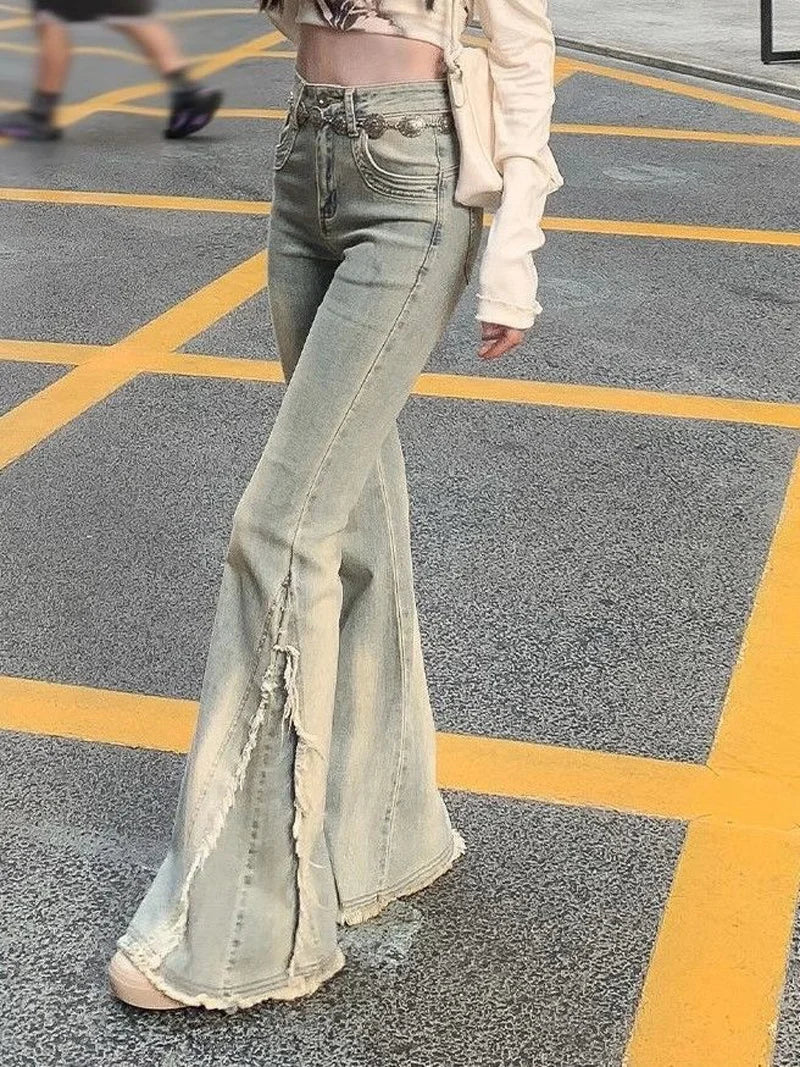 Women Vintage Blue Jeans High Waist American Retro 90s Raw Material Edge Design Y2k Denim Pants Streetwear Wide Leg Jeans