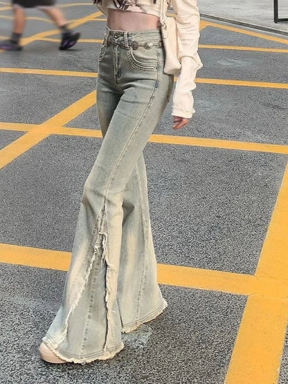 Women Vintage Blue Jeans High Waist American Retro 90s Raw Material Edge Design Y2k Denim Pants Streetwear Wide Leg Jeans