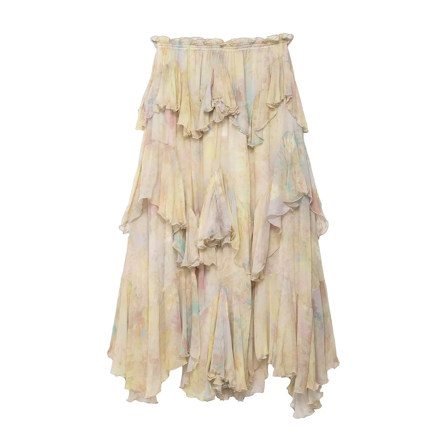KONDALA Vintage Flower Print Long Skirts High Waist Ruffles Chiffon Skirts Fashion 2025 Autumn Boho Holiday Party Skirts