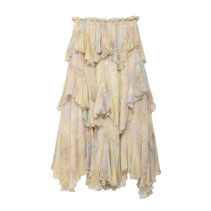 KONDALA Vintage Flower Print Long Skirts High Waist Ruffles Chiffon Skirts Fashion 2025 Autumn Boho Holiday Party Skirts