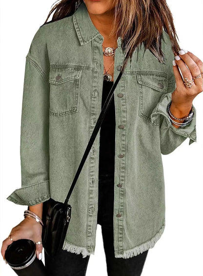 Autumn Winter New Women's Outerwear Denim Shirt Jacket Washed Finish Distressed Hem Single Row Buttons Pockets Street Fashion