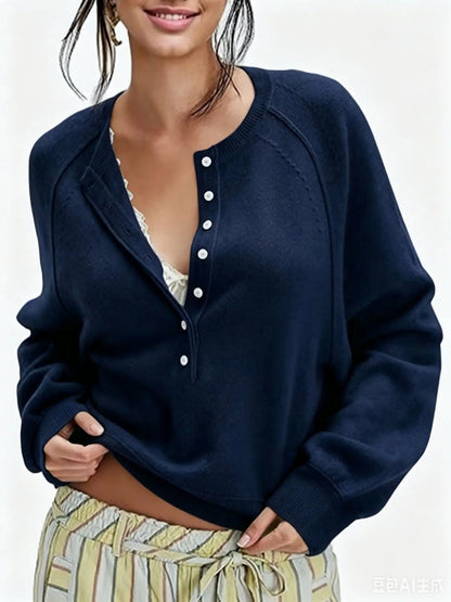 Women's Long-Sleeve Knitted Sweater, Half-Button Design, Henley Collar, Casual Style, lightweight Material, Solid Color Pullover Knitwear.