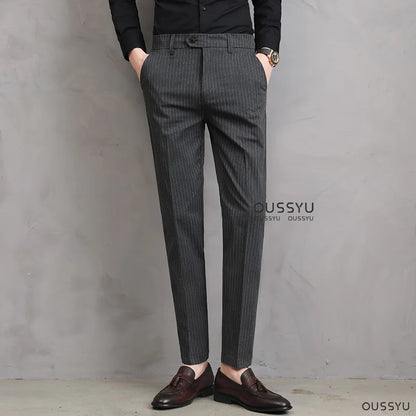 England Stripe Pattern Formal Dress Slim Fit Pants Men Summer Thin Light Gray Black Breathable Skinny Casual Trousers Male