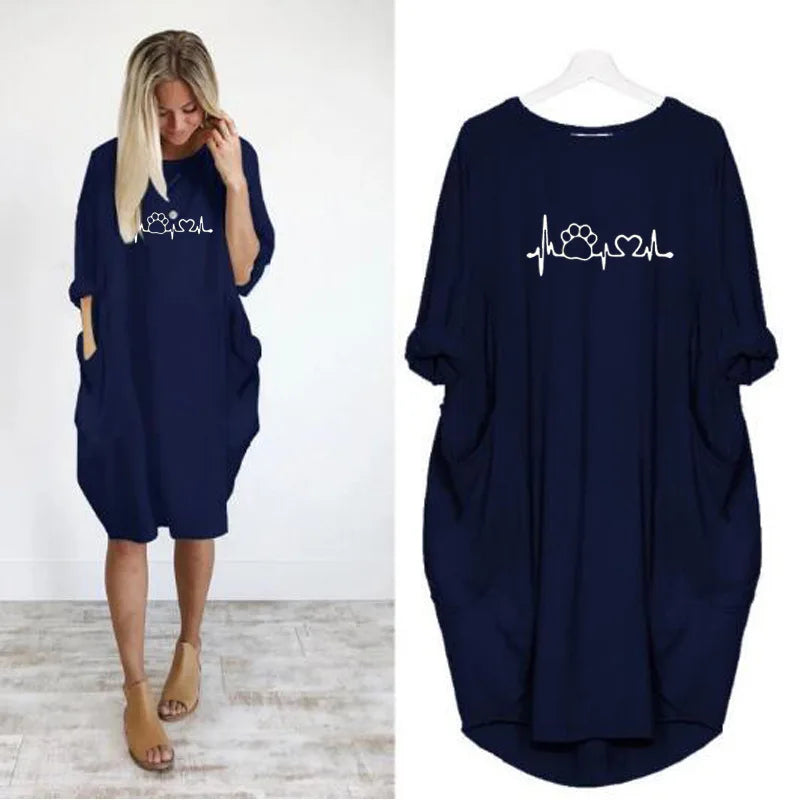 Women's Loose  Long Sleeved Summer Plus Size Dress Autumn  Winter Casual Round Neck Solid Color Long Sleeve Pocket Loose Pullove