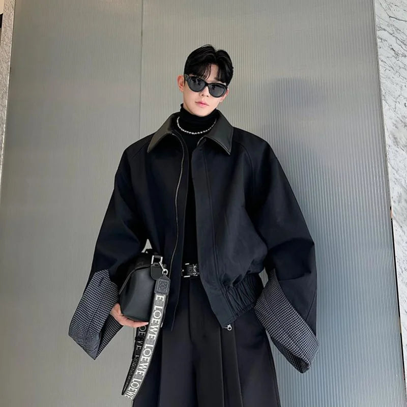 Spring 2025 Men's Cotton Flannel Jacket with Collar Patchwork Color Block Plaid Loose Fit Long Sleeve Zipper Closure Outerwear