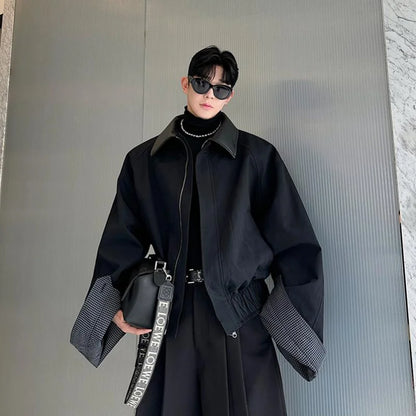 Spring 2025 Men's Cotton Flannel Jacket with Collar Patchwork Color Block Plaid Loose Fit Long Sleeve Zipper Closure Outerwear