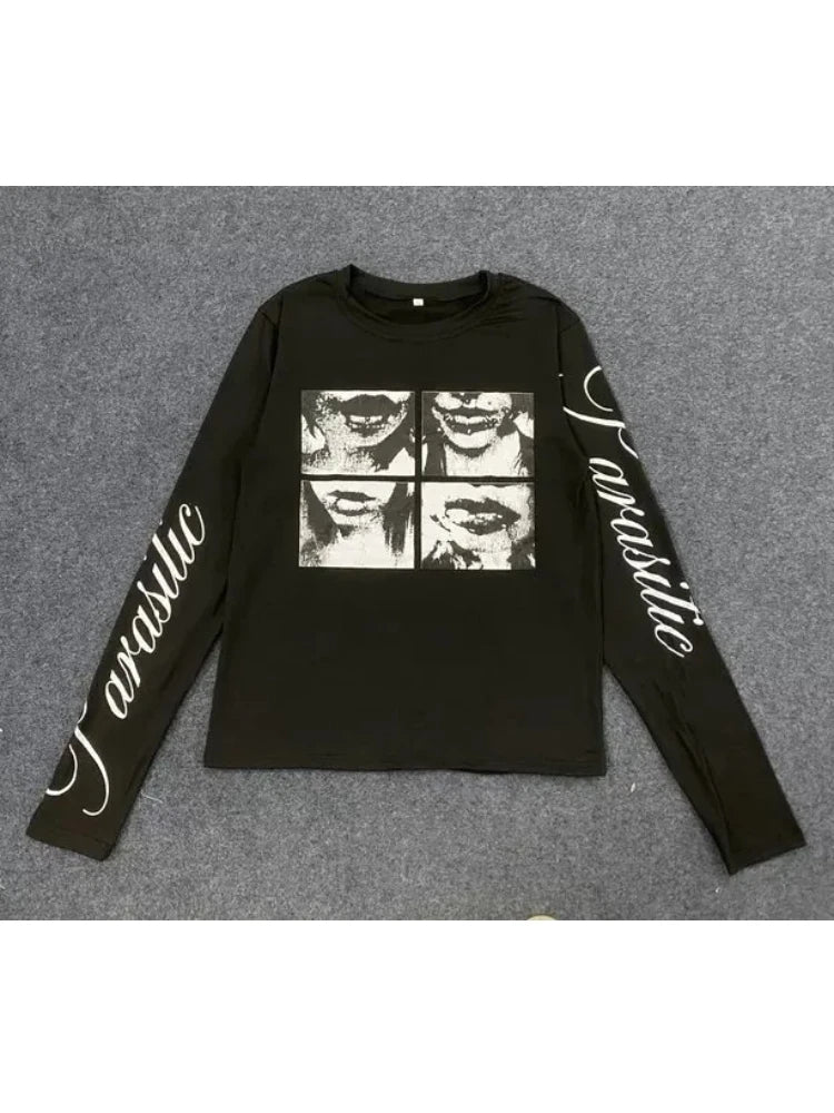 Y2K Harajuku Aesthetics Versatile Tee American Retro Millennium Letter Printed T-shirt Dark Street Punk Long Sleeved Women's Top