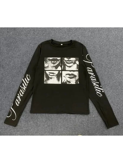 Y2K Harajuku Aesthetics Versatile Tee American Retro Millennium Letter Printed T-shirt Dark Street Punk Long Sleeved Women's Top