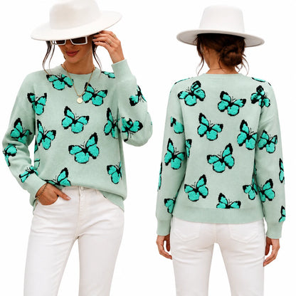 3D Flocking Butterfly Print Knit Sweater for Women Round Neck Drop Shoulder Long Sleeve Loose Pullover Casual Jumper Fall Winter Fashion Streetwear Tops