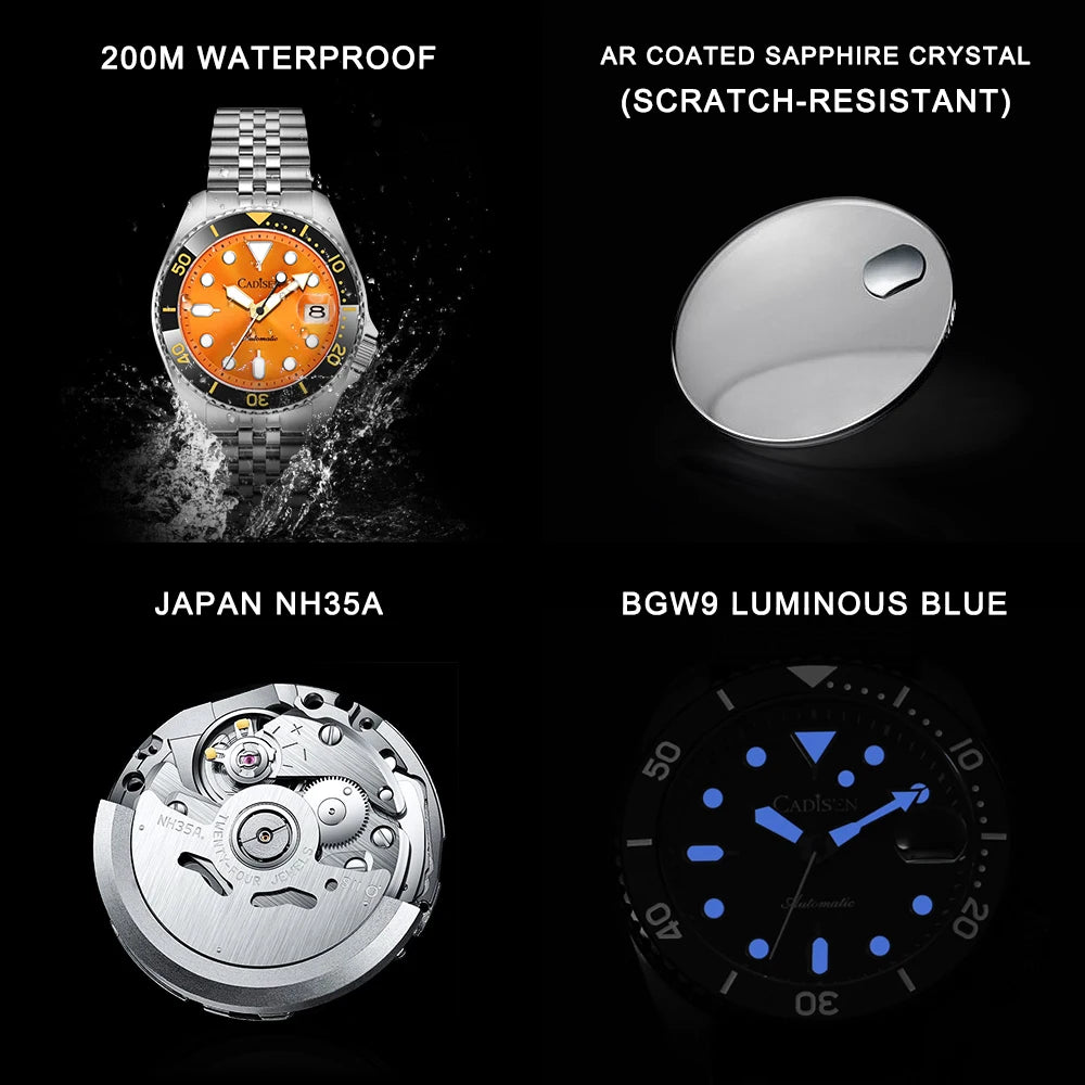 CADISEN 2026 Luminous Men Mechanical Wristwatches Ceramic Bezel Sapphire Glass NYLON Band 200M Waterproof Automatic Watch Men