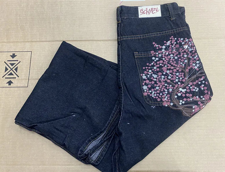 Y2K Vintage Low Waist Hip Hop Cherry Blossom Embroidered Jeans Wide Leg Trousers Clothes Men's Embroidered Baggy Jeans