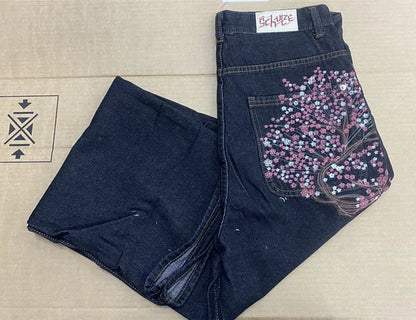 Y2K Vintage Low Waist Hip Hop Cherry Blossom Embroidered Jeans Wide Leg Trousers Clothes Men's Embroidered Baggy Jeans