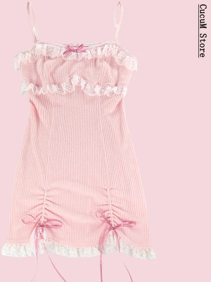 Japanese Kawaill Lolita Dress Women Bow Pink Party Mini Dresses Female Princess Korean Fashion 2 Piece Dress Set 2026 Summer
