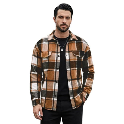Men's Plaid Flannel Shirt Long Sleeve Button Down Casual Shacket with Flap Pockets Autumn Winter Streetwear Top