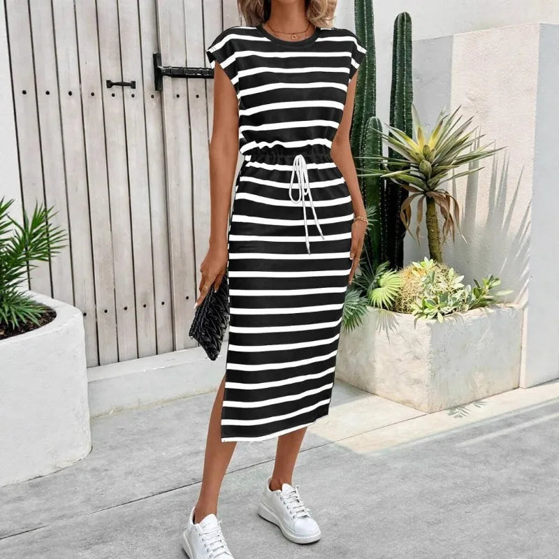 Fashion Ladies Black and White Striped Split Crew Neck Casual Dress White Dress Women Dress Summer Dress