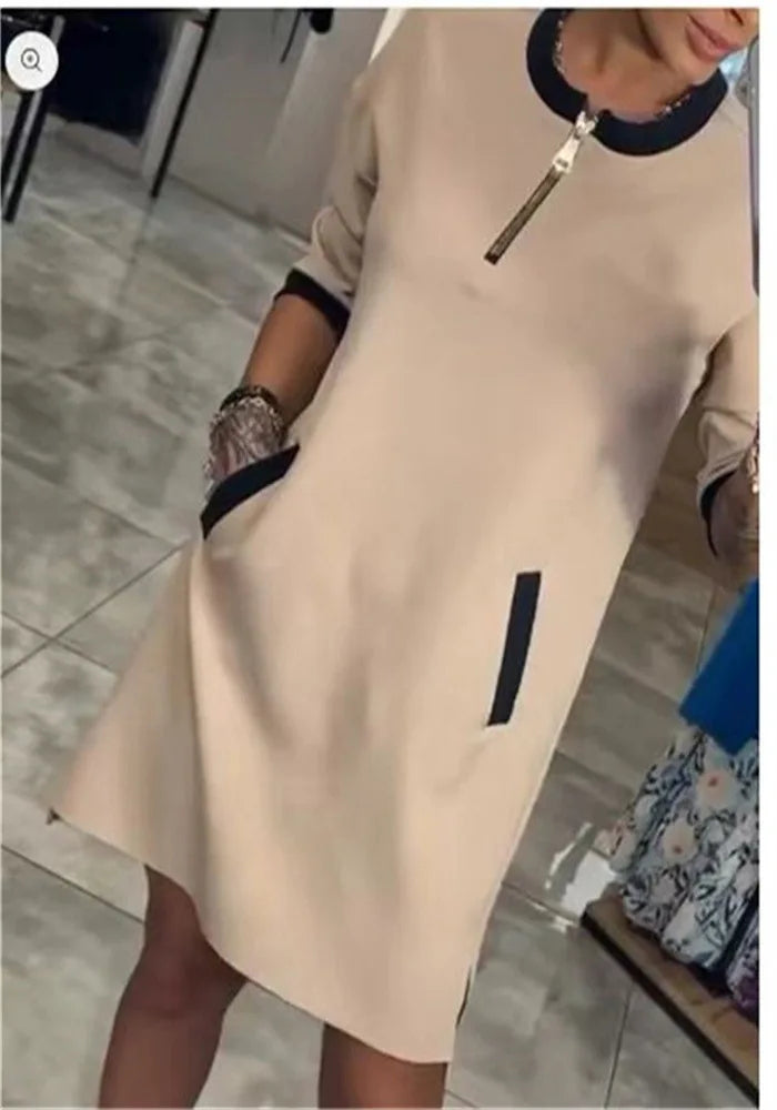 2024 Women's Dress V-neck Zipper Three-quarter Sleeve Elegant Casual Dress New Women's Leisure Suit