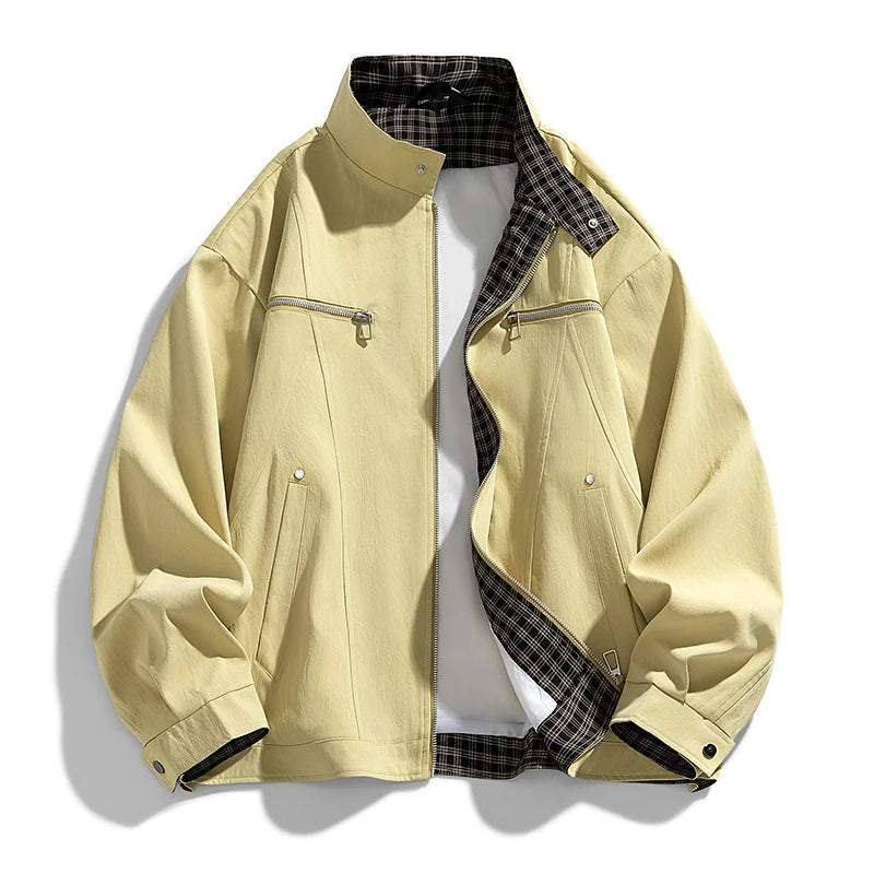 Men's Stand-Collar Casual Jacket – Solid Color Loose Fit Zip-Up Windbreaker with Plaid Lining Streetwear Outerwear