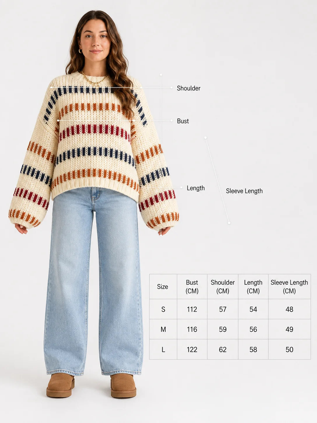 Vibrant Color Block Stripe Chunky Knit Sweater for Women, Oversized Crew Neck Long Balloon Sleeve Loose Pullover Jumper,