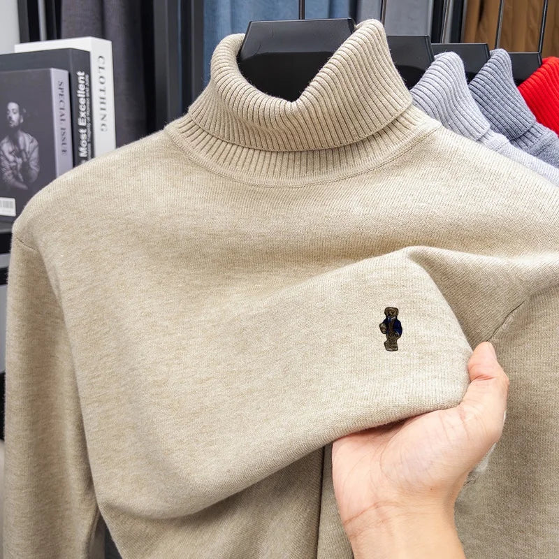 High-End Man Spring Long-Sleeved Knitwear Bear Print High Neck Hot Pullover Versatile Trend Leisure Warm Sweater Men's Clothing