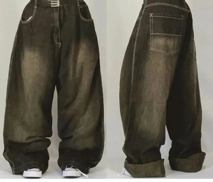 American Vintage Hip Hop New Blue Washed Pattern Printed Baggy Jeans Female