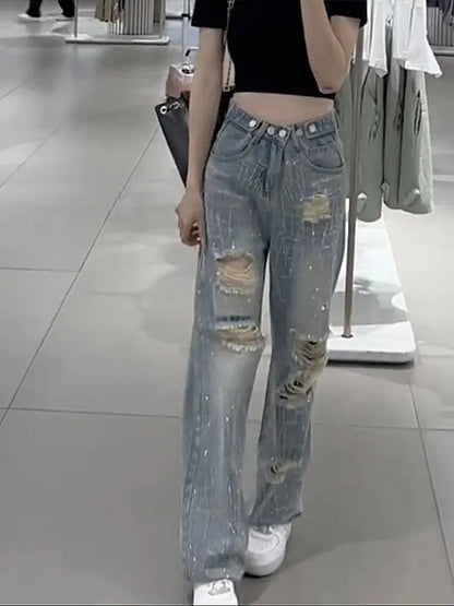 Female Cowboy Pants with Rhinestones Women's Torn Jeans High Waist Shot Wide Leg Trousers