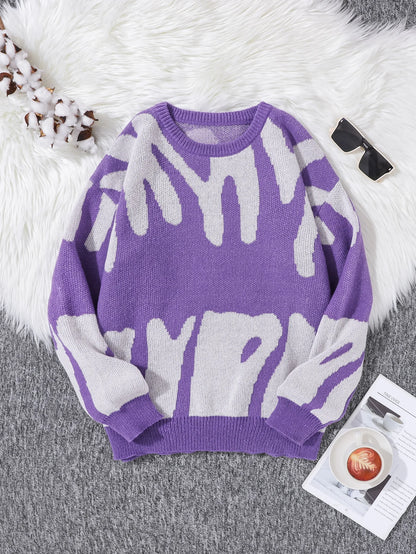 New Trendy Autumn and Winter Irregular Jacquard Pattern Pullover Sweater Casual Round Neck Color-Blocking Knit Men's Pullover