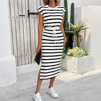 Fashion Ladies Black and White Striped Split Crew Neck Casual Dress White Dress Women Dress Summer Dress