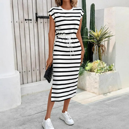 Fashion Ladies Black and White Striped Split Crew Neck Casual Dress White Dress Women Dress Summer Dress