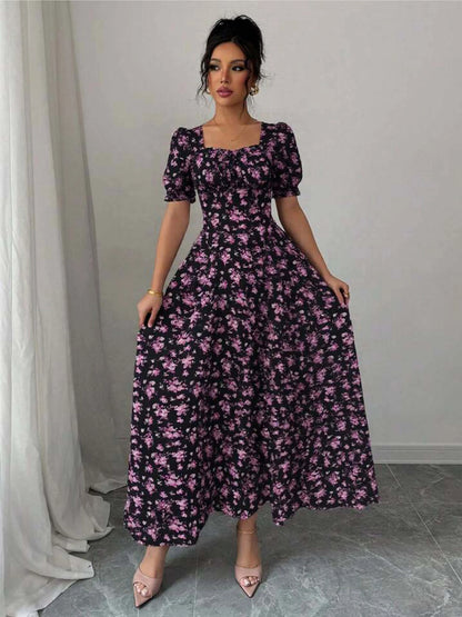Women's Summer Maxi Dress Elegant Casual Puff Sleeve Square Neck Black Floral Print Long Evening Gown for Women
