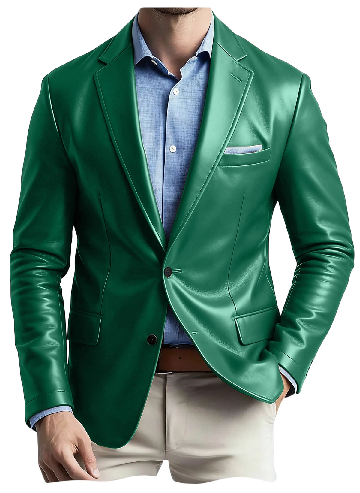 Men's Faux Leather Blazer Notch Lapel Flap Pockets Slim Fit Suit Jacket Coats For Casual Business Wedding Party