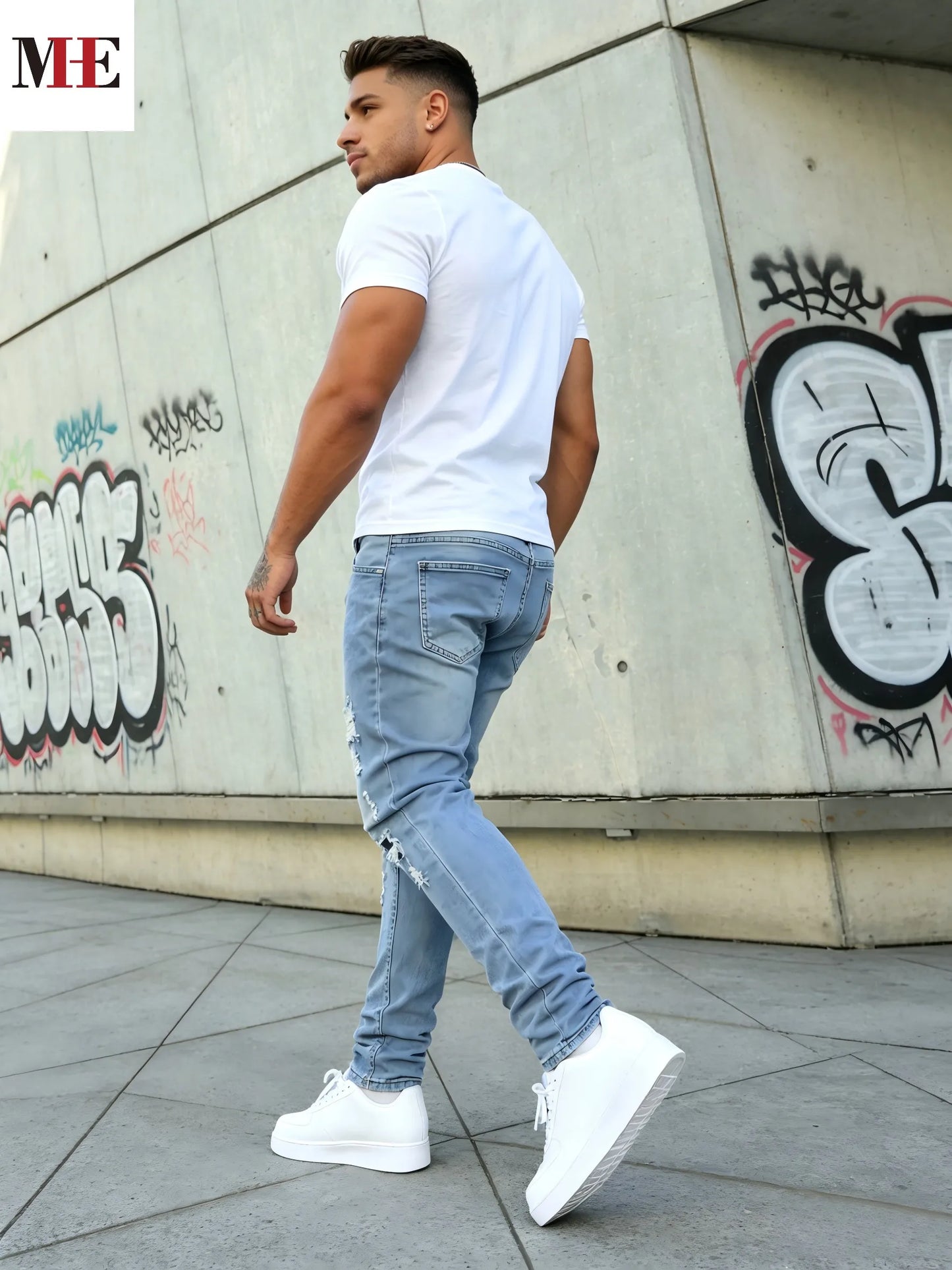 HME Men's Stretch Denim Pants, Light Blue Slim Ripped Skinny Jeans for Comfortable Fit
