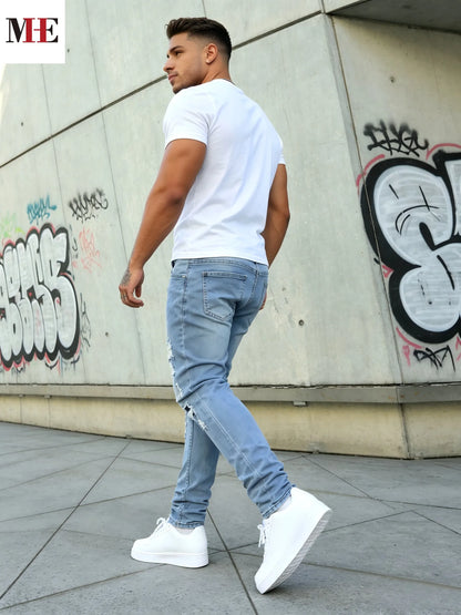 HME Men's Stretch Denim Pants, Light Blue Slim Ripped Skinny Jeans for Comfortable Fit