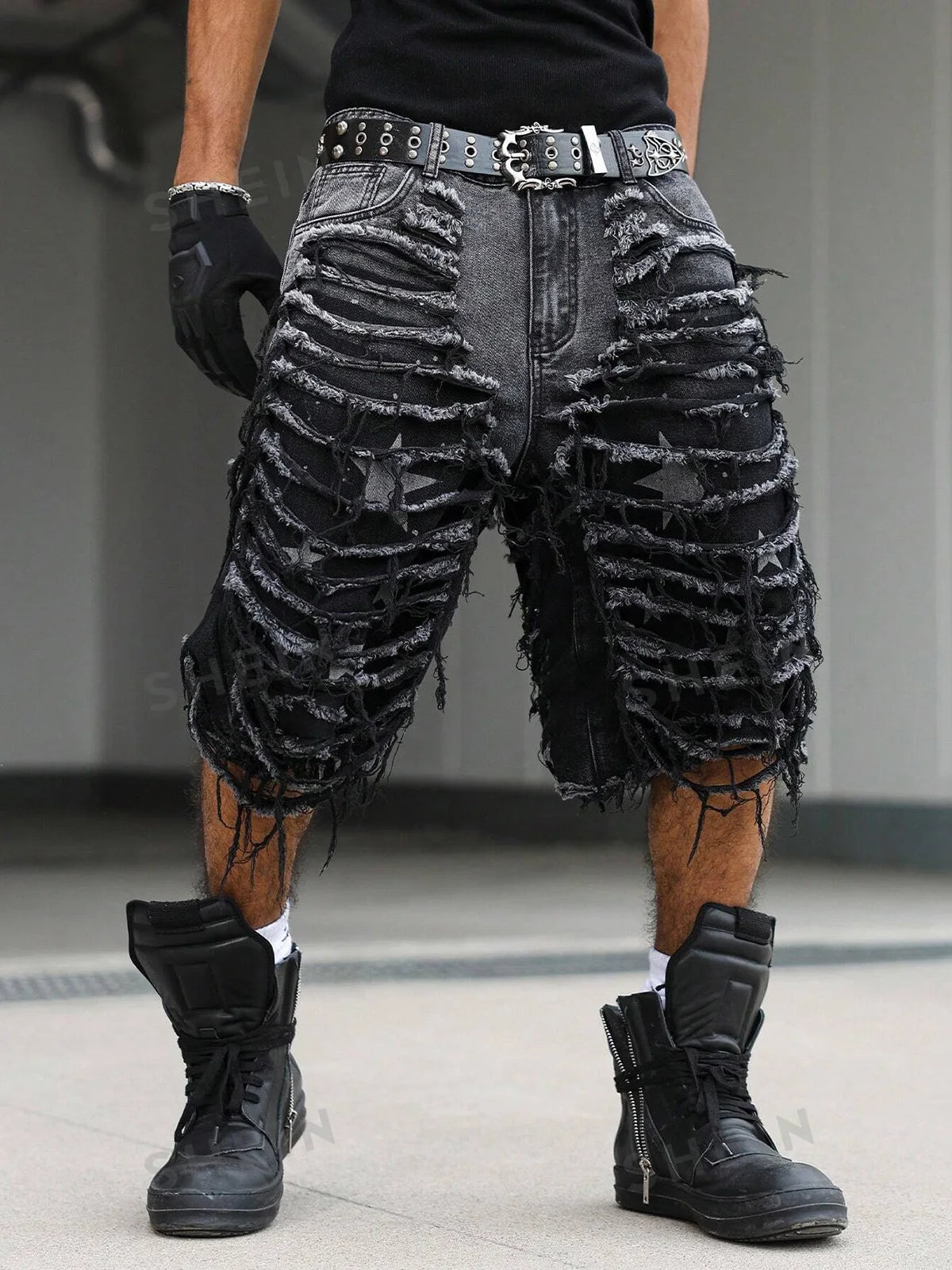 Men's Gothic Vintage Aesthetic Black Washed Ripped Denim Shorts, Summer Trendy Loose Raw Edge Fringed Five-Point Pants