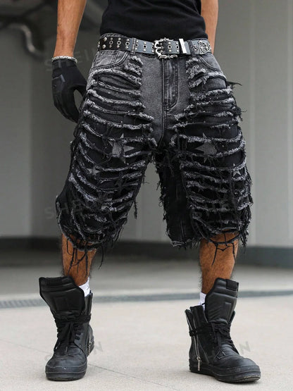 Men's Gothic Vintage Aesthetic Black Washed Ripped Denim Shorts, Summer Trendy Loose Raw Edge Fringed Five-Point Pants