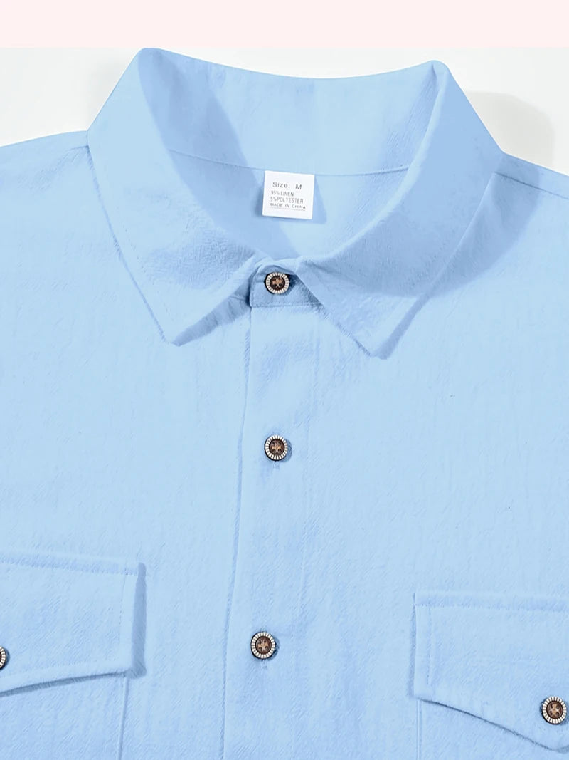 2026 Men's Short Sleeve Linen Blend Shirt Solid Color Loose Casual Tops royal pop swatch devocional café com deus pai Style