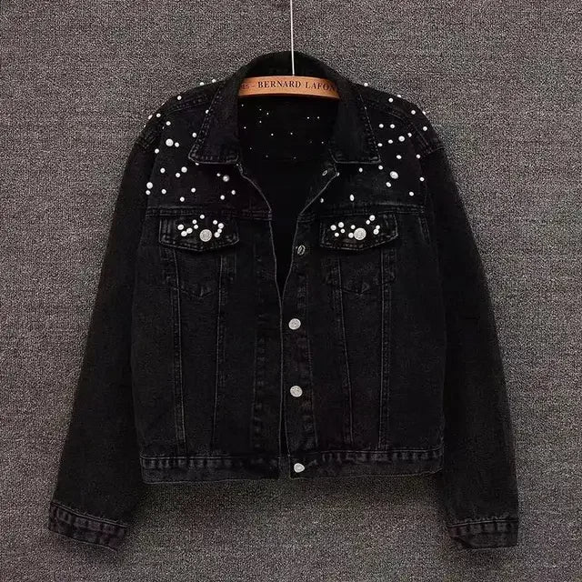 Blue Black Denim Jacket Woman Denim Coat Turn Down Collar Single Breasted Beaded Pearl Loose Casual Regular Short Jacket